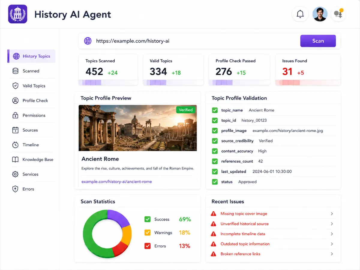 aihistory.app AI history assistant app — timeline dashboard preview